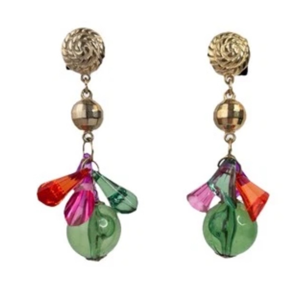 Vtg Clear Colourful Lucite Acrylic Gold Bubble Cone Dangle Pierced Earrings 1980